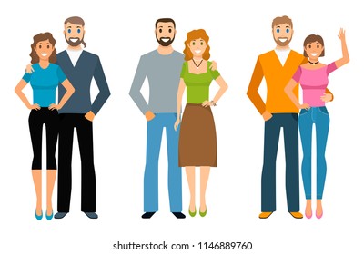Flat vector, young couple, man and woman. Three different couples and the type of people.