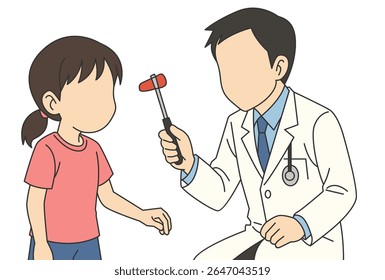 Vetor plano jovem menina e médico divertidamente verifica seus reflexos com martelo. Teste de reflexo pediátrico. Médico avaliando neurológicos em uma criança. Provedor de saúde verificando a resposta motora da criança.