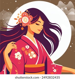 Flat vector of a young japanese woman with wild windy hair and a pink kimono under moonlight. Illustration of an asian girl in traditional floral clothes