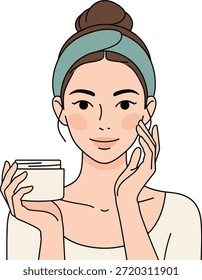 Vector plano de una mujer joven aplicando crema hidratante, ideal para la marca de belleza, tutoriales de cuidado de la piel, marketing de bienestar y activos de embalaje cosmético.
