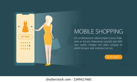 Flat vector. Young woman shop online using smartphone.
