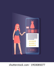 Flat vector. Young woman shop online using smartphone.