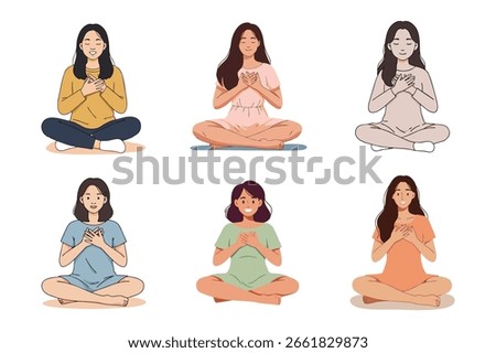 Flat vector of a young woman sitting with hands on her chest smiling gently to show happiness and calm
