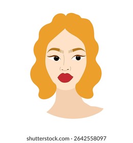 Flat vector young women portrait with bright color hair, red big lips, fashion design
