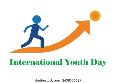 Flat vector of youth running on a graph-shaped path toward a rising sun, symbolizing growth, ambition, and success. Features "International Youth Day" text on white background.