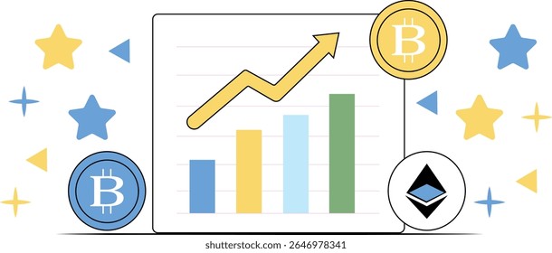 Gráfico de criptografia de estilo vetor plano com seta ascendente, Bitcoin e ícones Ethereum, apresentando um design mínimo para criptomoeda ou gráficos financeiros