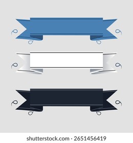 Flat vector-style curved ribbon banners in blue, black, and outline versions