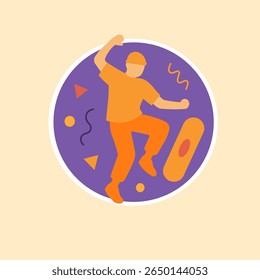 A flat vector-style digital illustration of a dancing silhouette in orange, set within a purple circular badge. Surrounded by dynamic geometric shapes, the design evokes street culture and urban energ