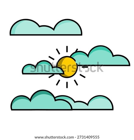 A flat, vector-style illustration of a bright yellow sun peeking through several mint-green clouds. The design features bold black outlines and a clean, modern aesthetic, representing a partly cloudy or sunny day.