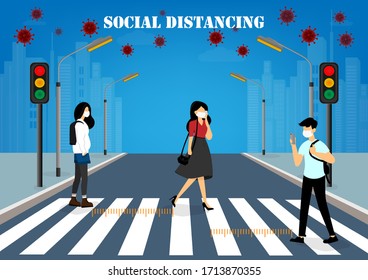 A flat vectror of people take social distancing during crossing the street during Coronavirus (COVID19) pandemic. People prevent infection of Coronavirus.