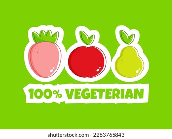 Flat vegan apple, pear, strawberry. Healthy vegan food. Healthy diet. Vegetarian food. Vegan menu. Healthy nutrition garden food. Vector illustration