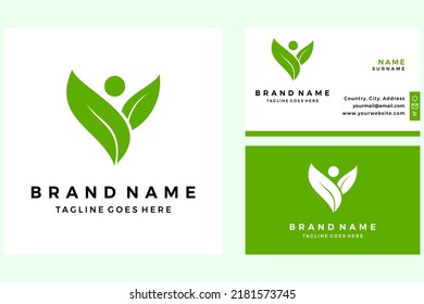 Flat vegan leaf logo with business card design