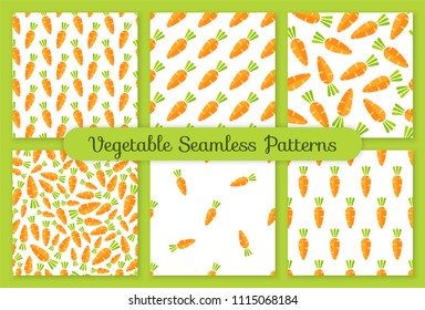 Flat vegetable seamless pattern collection. Retro style trendy background ornament set with carrot vegetables in bright orange color. Cute vector illustration for wrapping paper or restaurant menu