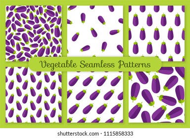 Flat vegetable seamless pattern collection. Trendy decoration food design background set in modern violet and purple colors with eggplant or brinjal vegetables. Vector illustration for vegetarian menu