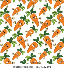 Flat vegetable seamless pattern. Retro style background ornament with abstract ordered carrot vegetables in bright orange colors. Vector illustration for wrapping paper or season celebration card