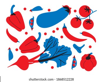 Flat vegetables. Cartoon vector organic vegetables. Pepper, tomatoes, eggplant, cherry, beet. Red and blue set fresh vegetables abstract illustration.