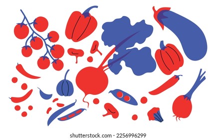 Flat vegetables. Cartoon vector organic vegetables. Pepper, tomatoes, eggplant, cherry, beet. Red and blue set fresh vegetables abstract illustration.