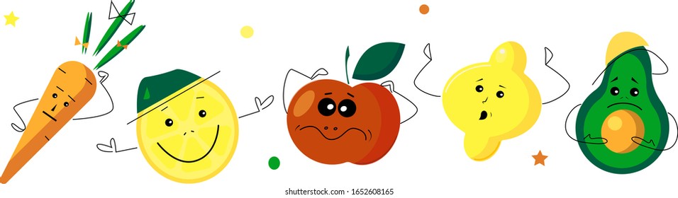 Flaches Gemüse und Obst.Vektorillustration Reihe von Cartoons Bilder von verschiedenen lustigen Früchten: Apfel, Zitrone, Karotten, Avacado , die ihre Hände winkten und auf weißem Hintergrund lächeln. Emotionen, Emoji, Charakter.