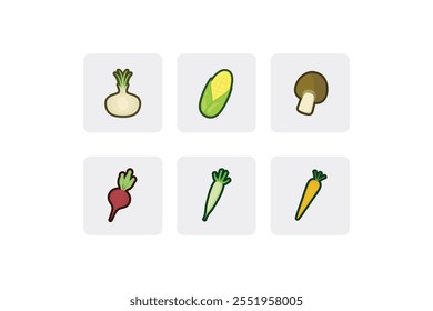 Paquete de iconos de verduras planas - cebolla, ajo, maíz, champiñón, remolacha roja, nabo, zanahoria