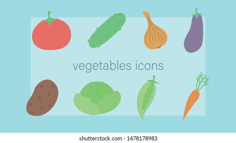 flat vegetables icons ( tomato, cucumber, onion, eggplant, potato, cabbage, peas, carrot) in the set collection