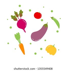 Flat veggies icons set contains beetroot, carrot, pumpkin, tomato, peas, eggplant. Each element isolated