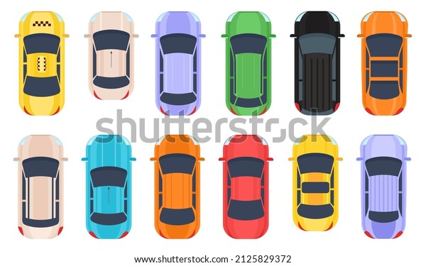 Flat vehicle,\
auto transport, cars top view. Cartoon taxi, jeep and mini van from\
above. Modern automobile car. City road traffic vector set of auto\
vehicle, car transport\
illustration