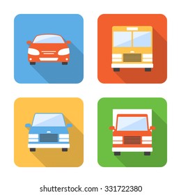 Flat vehicle icons with long shadows. Vector illustration