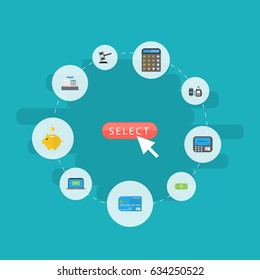 Flat Verdict, Accounting, Money Box And Other Vector Elements. Set Of Banking Flat Symbols Also Includes Computer, Dollar, Till Objects.