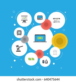Flat Verdict, Remote Paying, Bank And Other Vector Elements. Set Of Business Flat Symbols Also Includes Arrow, Laptop, Online Objects.