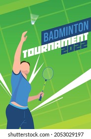 Flat vertical badminton tournament poster with male athlete holding racket throwing shuttlecock on background with green court vector illustration