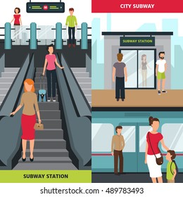 Flat Vertical Banners With People At Subway Station Waiting For Train And Walikng Through Ticket Barrier Isolated Vector Illustration