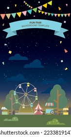 Flat vertical illustration of carnival, circus, fun fair or amusement park with sky at night background have blank space. Night market illustration template.