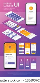 Flat vertical poster illustrated smartphone screens with design templates of user interfaces for mobile applications vector illustration