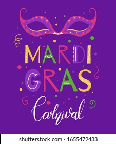 Flat vertical poster with masquerade mask, confetti and lettering on violet background. Mardi Gras celebration. Fat Tuesday. Decoration for carnival. Vector image for your creativity.
