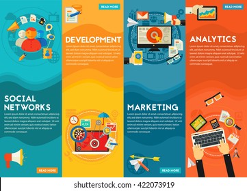 Flat vertical vector concept banners. Digital Marketing Concept - social marketing and networking, development and coding, digital and email marketing, analytics and SEO