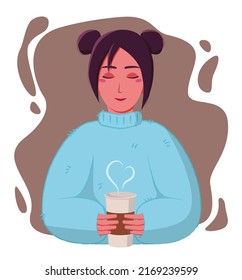 Flat vertor girl in a blue sweater with a cup of coffee