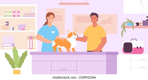 Flat vet clinic interior with veterinarian doctor, dog and owner. Veterinary healthcare center for pets. Animals vaccination vector concept. Character examining and treating puppy in hospital