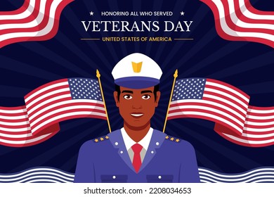 Ilustración vectorial del Día de los Veteranos Planos. Fiesta patriótica sobre el fondo del 11 de noviembre. Oficial de las Fuerzas Armadas de América.