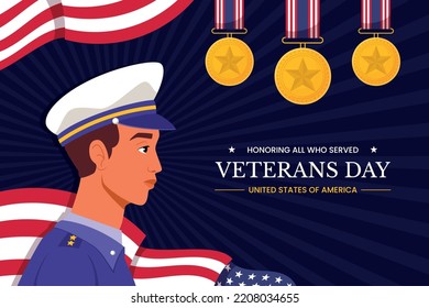 Flat Veterans Day vector illustration. Patriotic holiday on November 11 background. Officer of the Armed Forces of America.