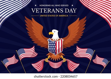 Flat Veterans Day vector illustration. Patriotic holiday on November 11 background. An American bald eagle holds a shield with an American flag on it.