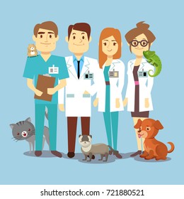 Flat veterinarians staff with cute animals. Veterinary and cartoon animals, vector illustration