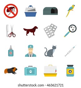 Flat veterinary icons set. Universal veterinary icons to use for web and mobile UI, set of basic veterinary elements isolated vector illustration