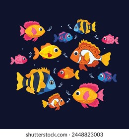 Flat vibrant fish set on black isolated background. Cute and cheerful sea fish, inhabitants of coral reefs in children's style. For textiles, wallpaper, posters.