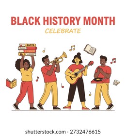 A flat, vibrant vector illustration celebrating Black History Month. Four figures stand side by side: an educator holding books labeled 