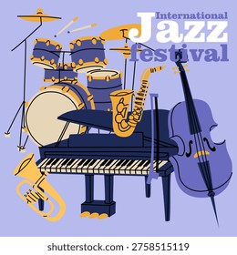 Flat vibrant violet poster for International Jazz Festival celebration. Musical instruments band piano, drums, saxophone, trumpet and cello for concert invitation or event banner. Isolated graphics