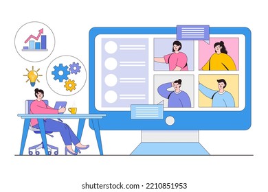 Una videollamada plana, una conferencia virtual de negocios o un concepto de comunicación de personas. Estilo de diseño de esquema de ilustración vectorial mínima.