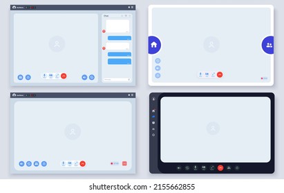 Flat Video Conference App Layout. Call Screen Template. Mockup Kit Interface. Application For Calls, Online Conference Meeting. Background Of The Video Call And Web Chat Screen For Teleconferences.