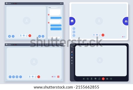 Flat video conference app layout. Call screen template. Mockup Kit interface. Application for calls, online conference meeting. Background of the video call and web chat screen for teleconferences.