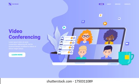 Flat video conferencing concept. Vector illustration with characters for landing page, hero image, web site, banner, print. Video chat with several people using application on notebook. 