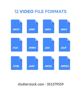 Flat video file type icons. Blue vector file icons